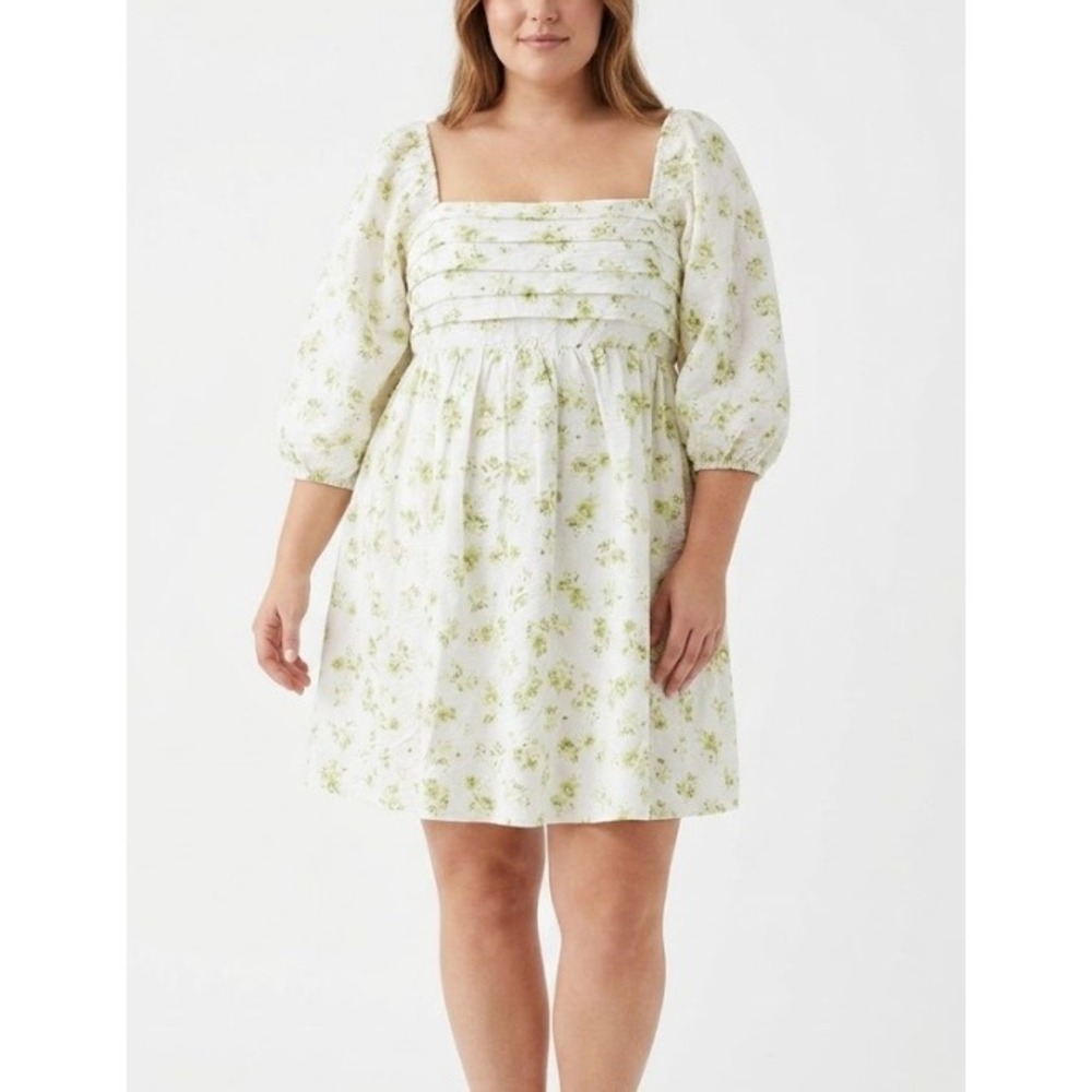 A.U.W Floral Puff Sleeve Mini Dress XL Green Cottagecore Smocked Square Neck